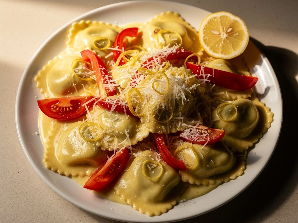 Creamy Lemon Ricotta Ravioli with Roasted Bell Pepper and Parmesan