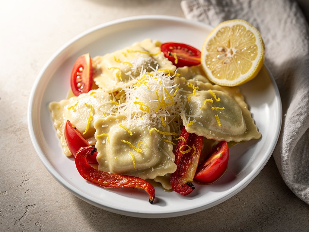 Creamy Lemon Ricotta Ravioli with Roasted Bell Pepper and Parmesan