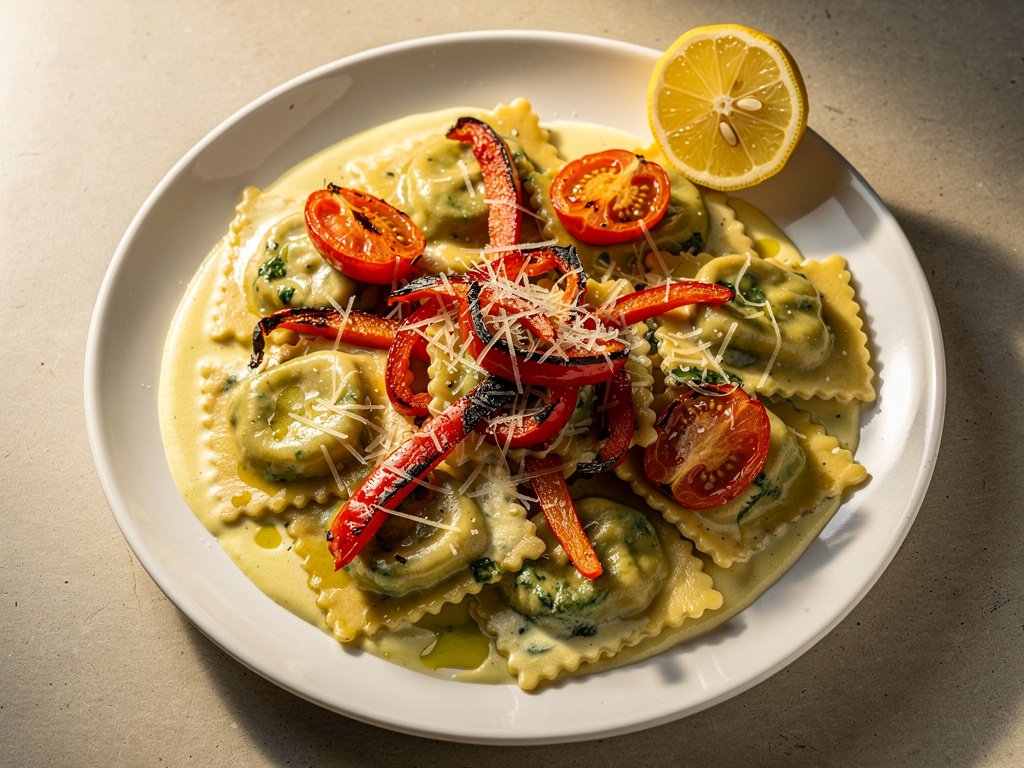 Creamy Lemon Ricotta Ravioli with Roasted Bell Pepper & Parmesan