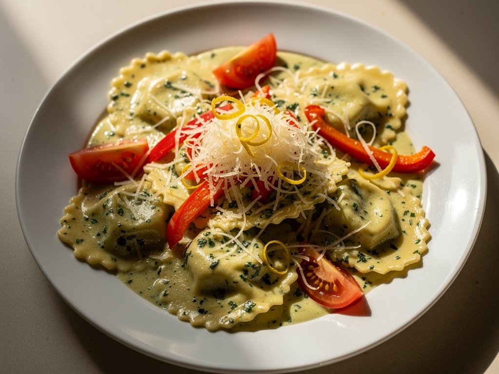 Creamy Lemon Ricotta Ravioli with Roasted Red Pepper and Parmesan