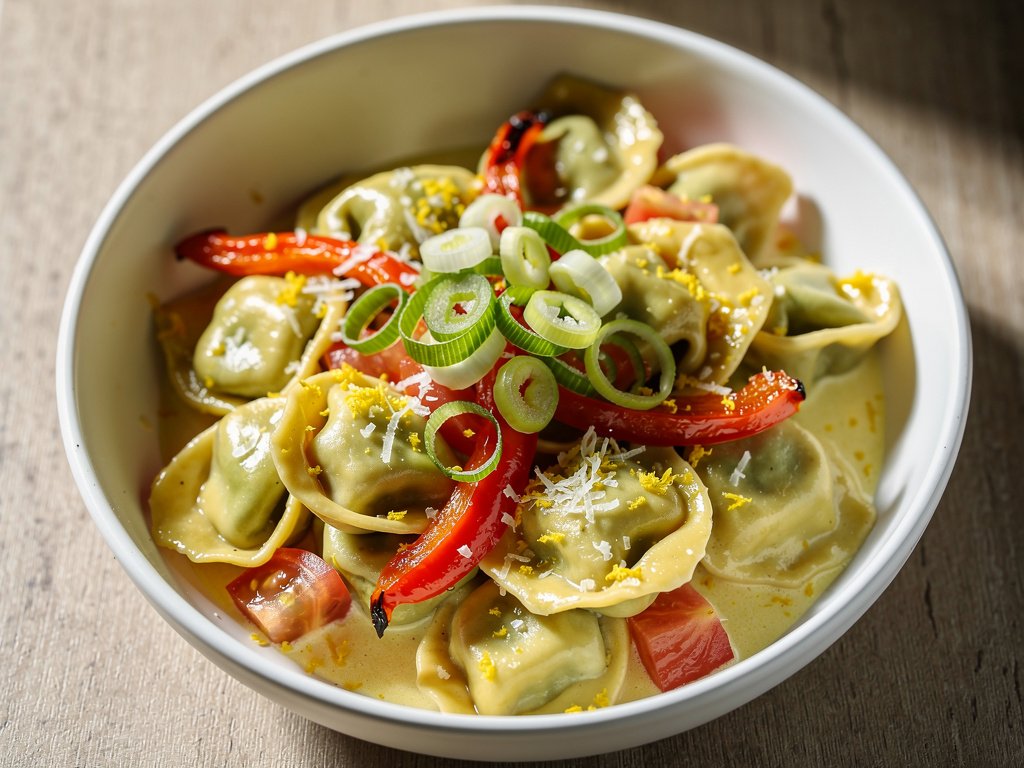 Creamy Lemon Ricotta Tortelloni with Roasted Bell Peppers