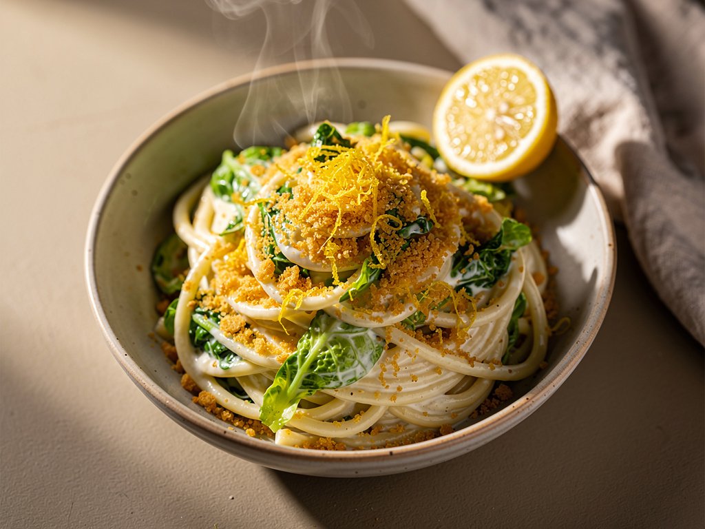 Creamy Lemon Spaghetti with Shredded Brussels Sprouts and Toasted Panko
