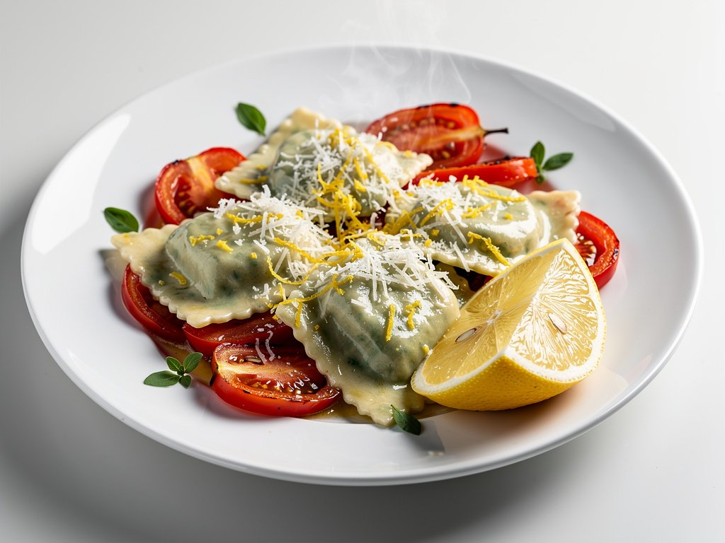 Creamy Lemon Spinach Ricotta Ravioli with Roasted Bell Pepper and Tomato