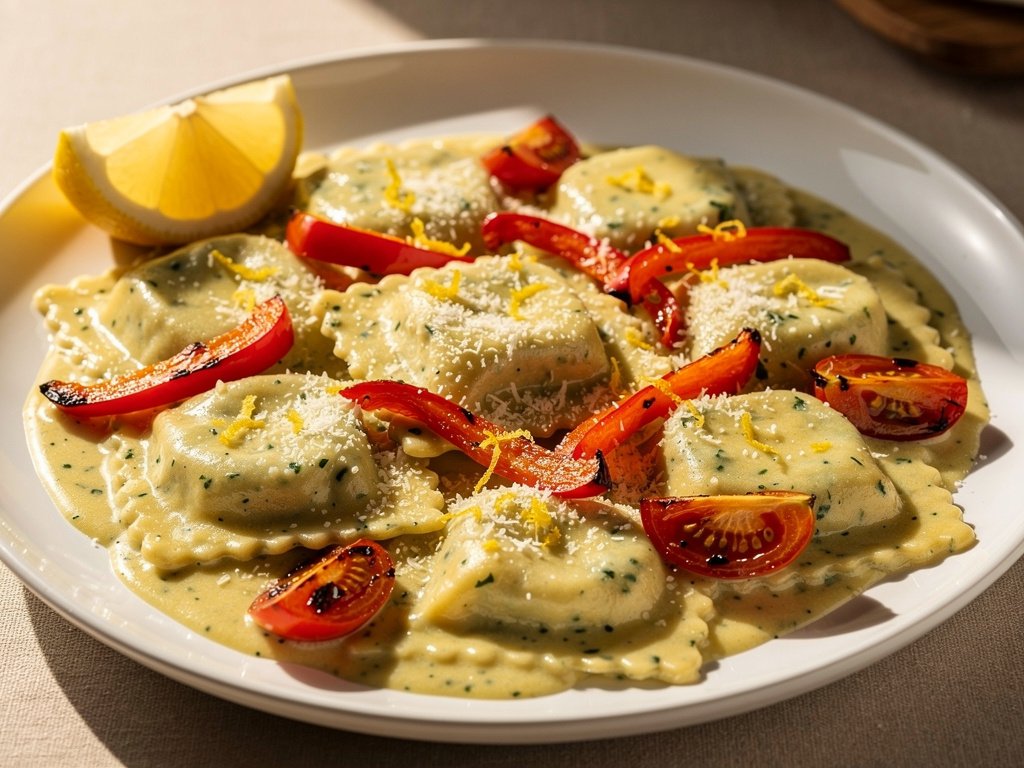 Creamy Lemon Spinach Ricotta Ravioli with Roasted Bell Pepper