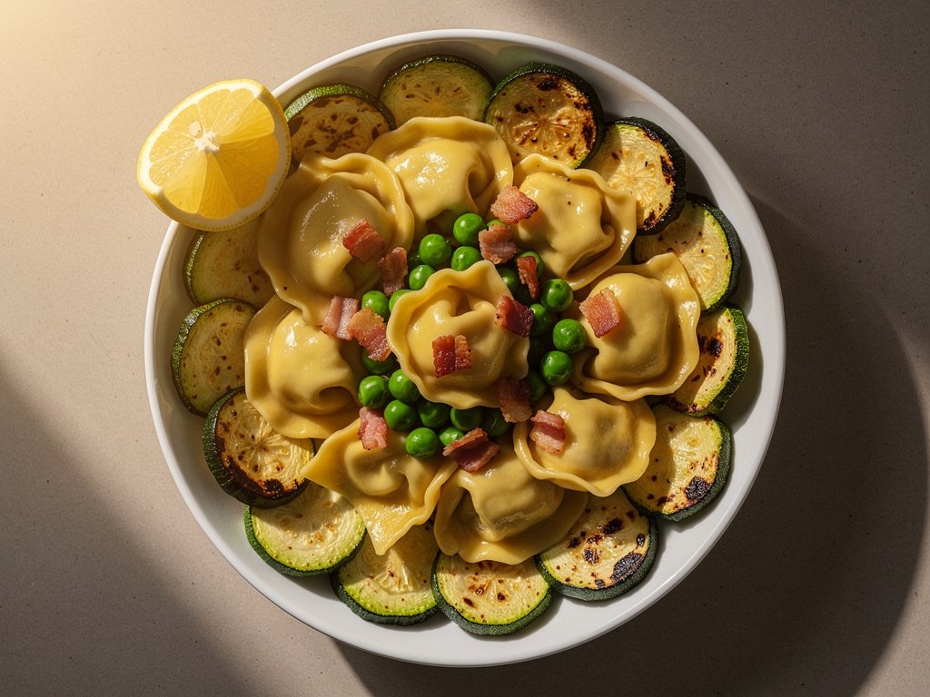 Creamy Lemon Tortelloni with Bacon, Peas, and Zucchini