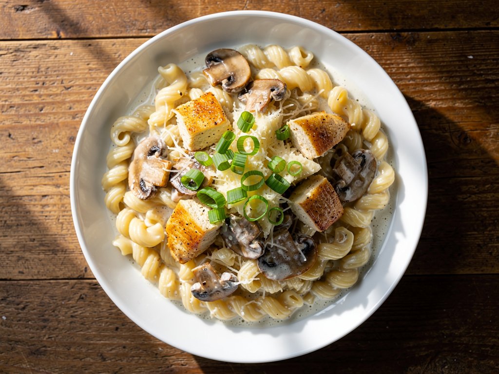 Creamy Mushroom and Chicken Cavatappi with Parmesan and Scallions