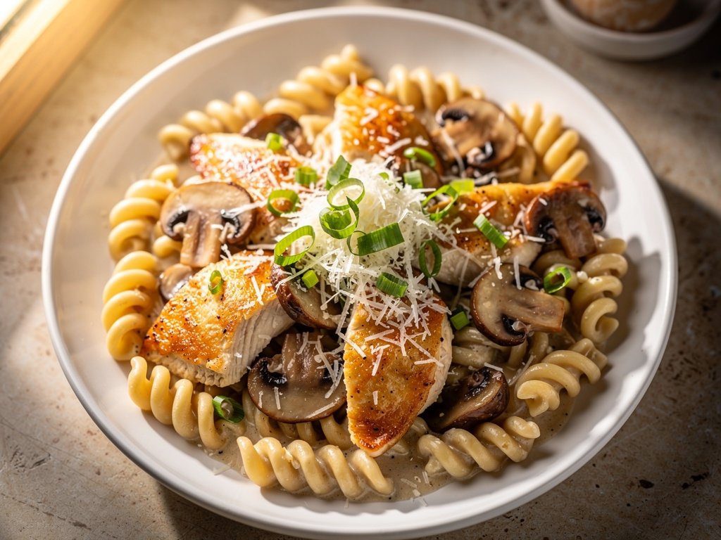 Creamy Mushroom Chicken Pasta with Parmesan and Scallions