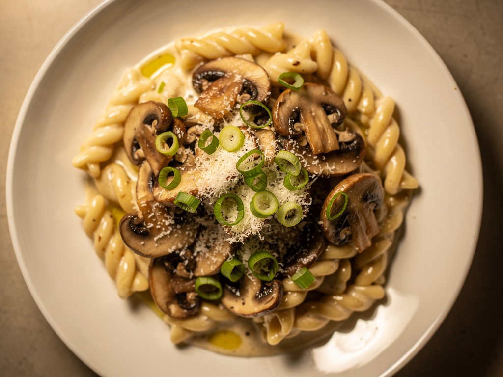 Creamy Mushroom Gemelli Pasta with Parmesan and Scallions