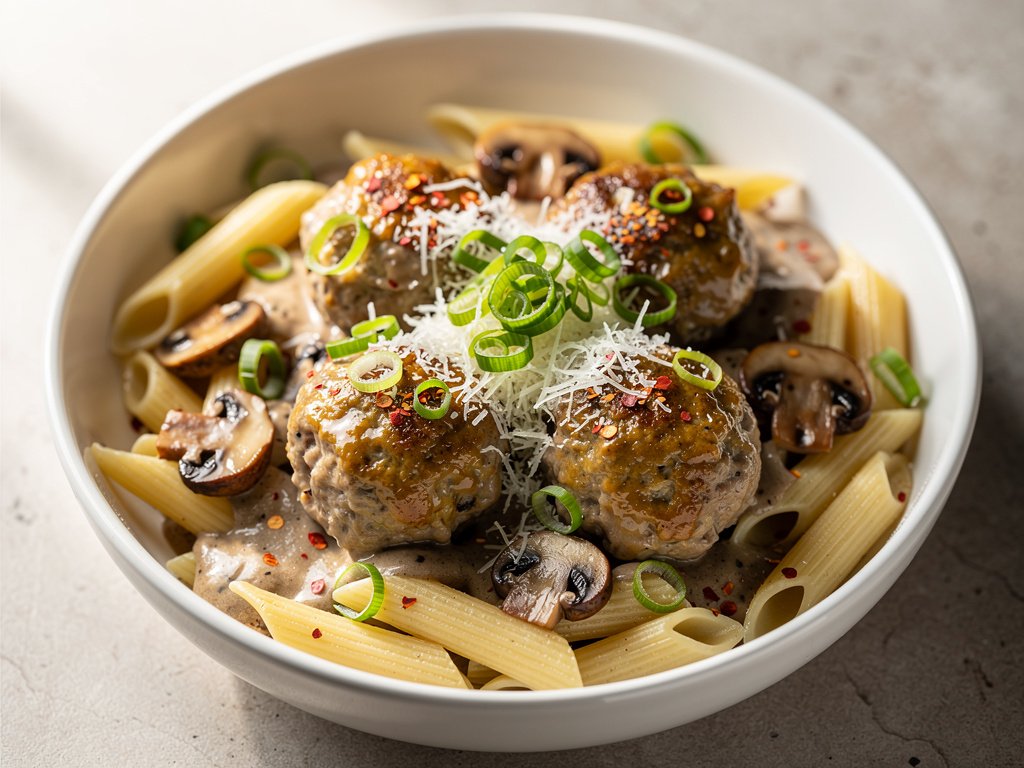 Creamy Mushroom Penne with Pork Meatballs