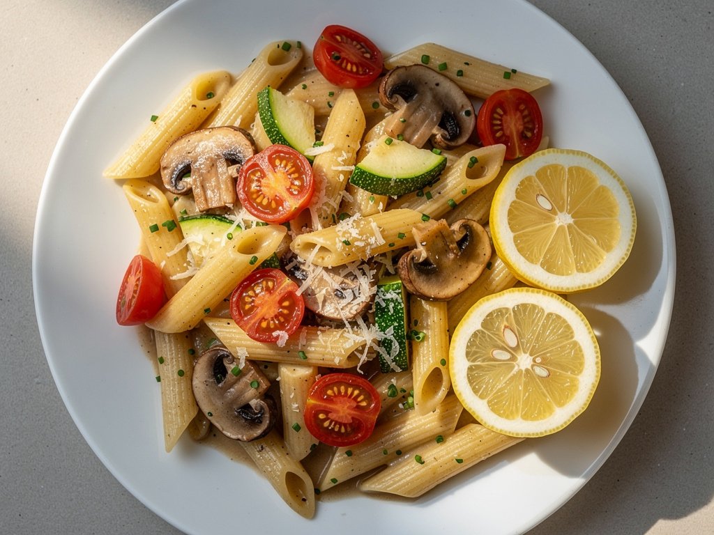 Creamy Mushroom Penne with Zucchini and Tomatoes
