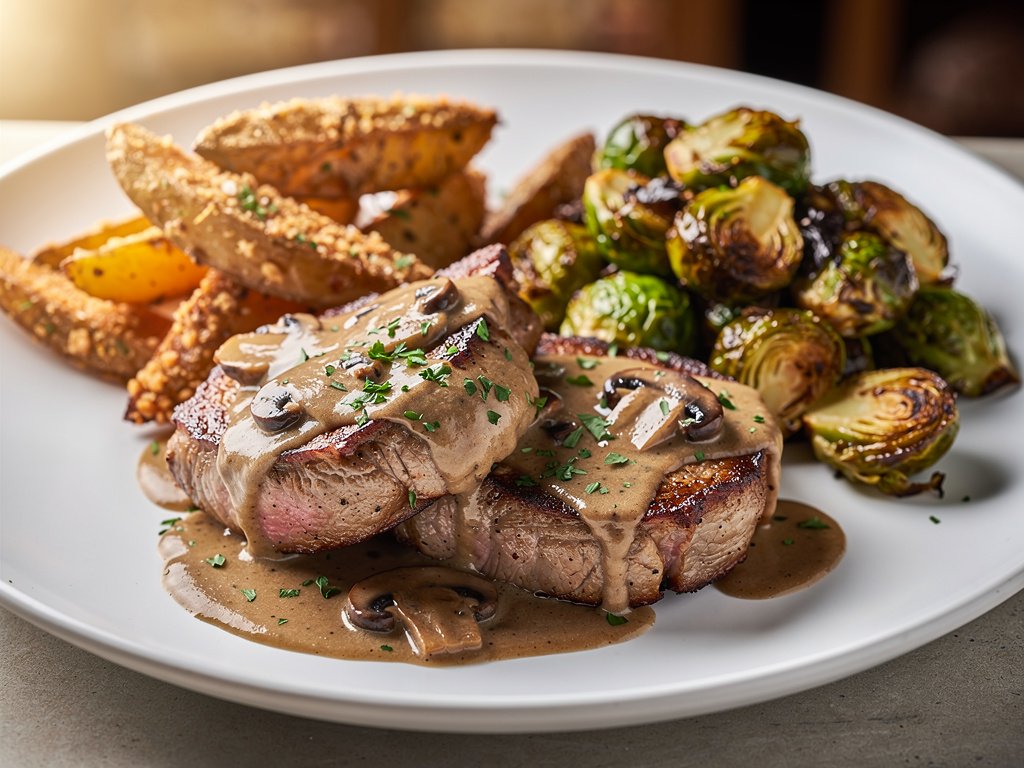 Creamy Mushroom Pork Chops with Roasted Brussels Sprouts and Crispy Potatoes