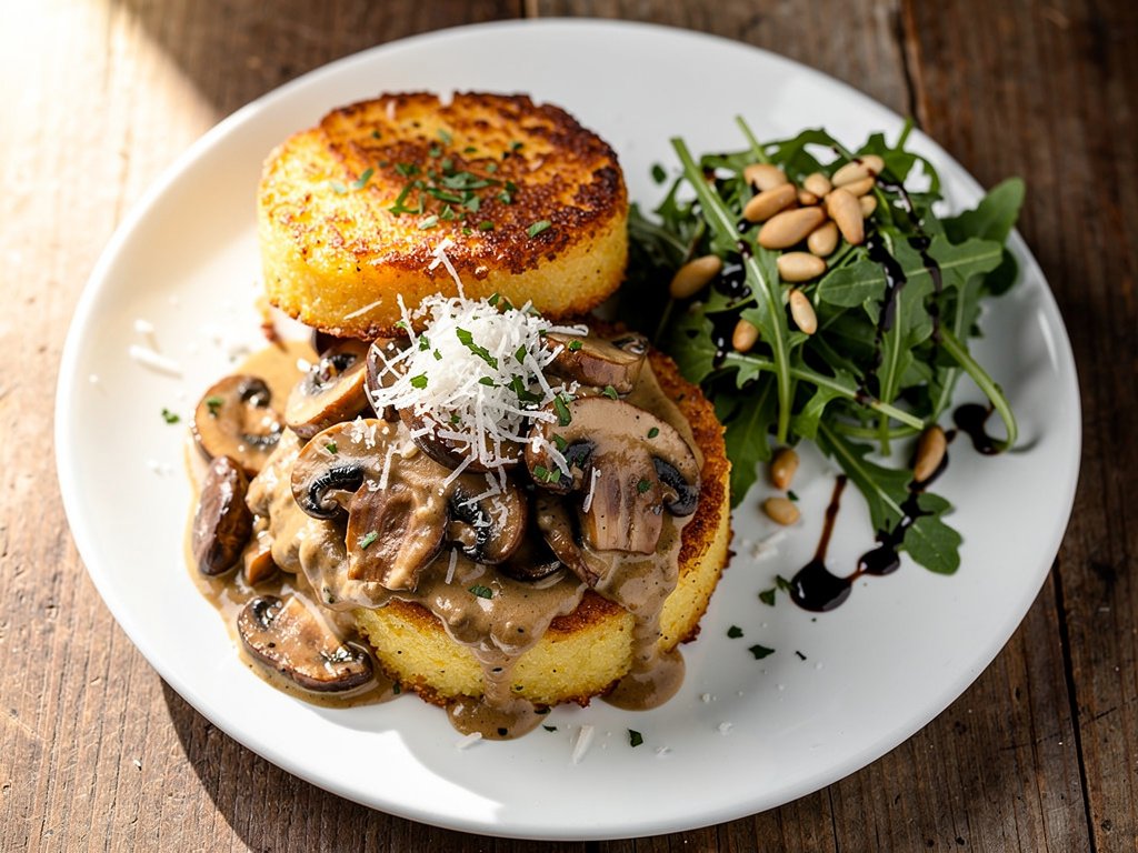 Creamy Mushroom Ragu over Seared Polenta Cakes with Arugula Salad