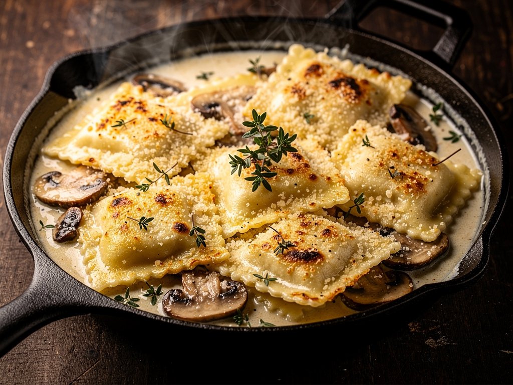 Creamy Mushroom Ravioli Bake with Crispy Parmesan Panko Crust