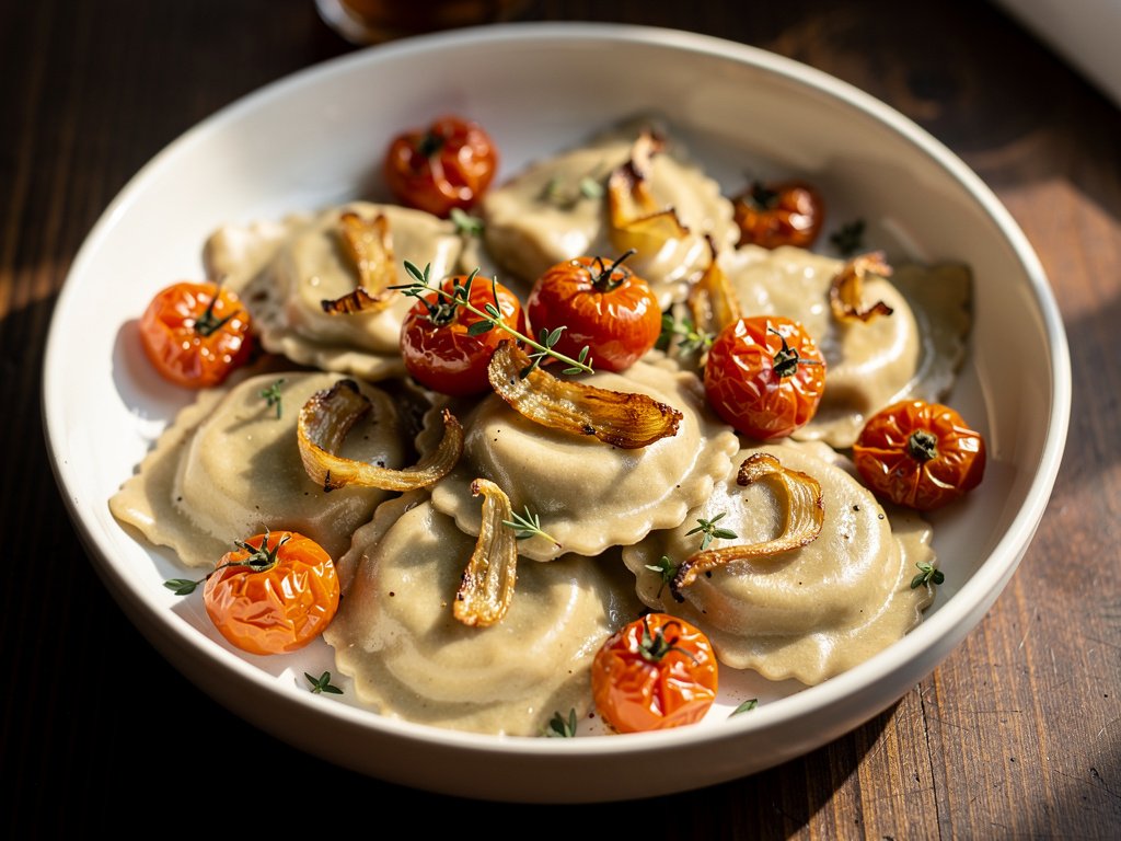 Creamy Mushroom Ravioli with Blistered Tomatoes and Caramelized Shallots