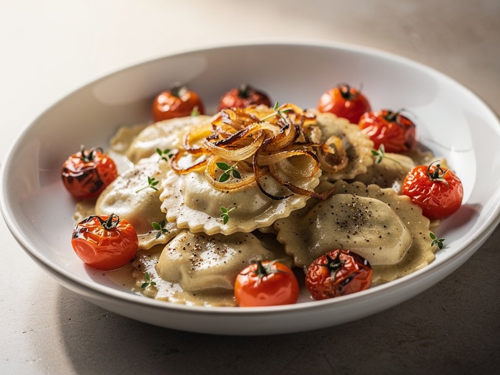 Creamy Mushroom Ravioli with Caramelized Shallots and Blistered Tomatoes