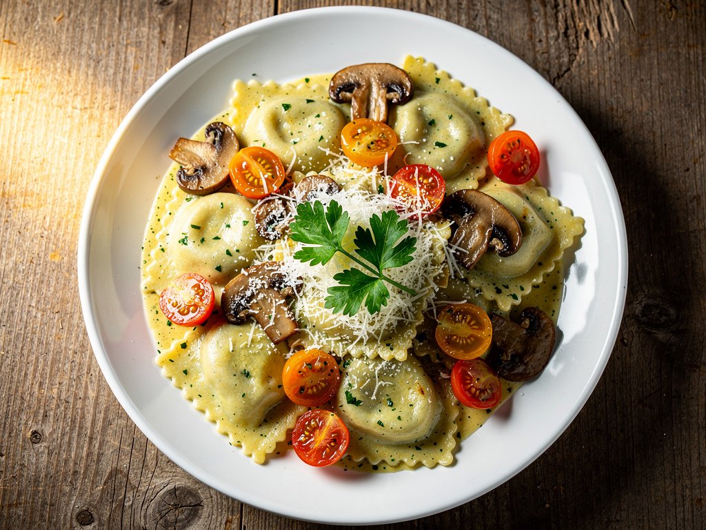 Creamy Mushroom Ravioli with Parmesan and Tomatoes