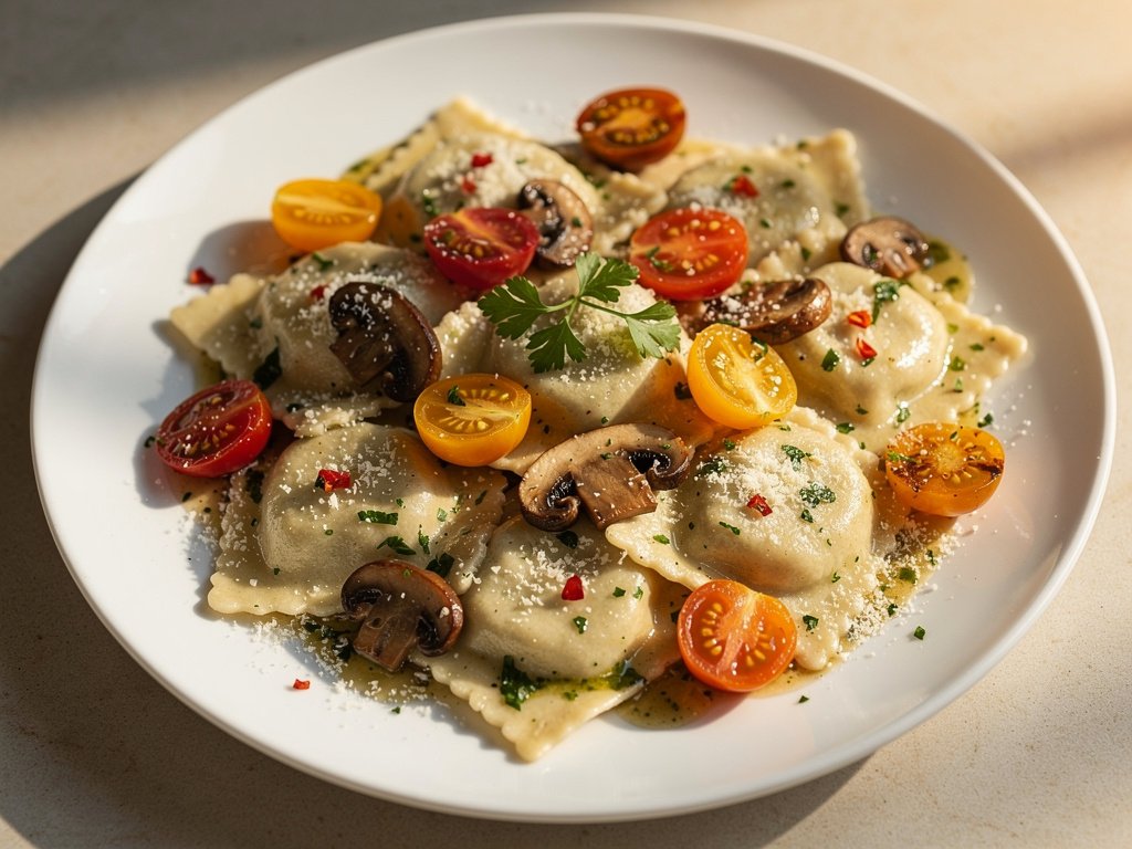Creamy Mushroom Ravioli with Parmesan and Heirloom Grape Tomatoes