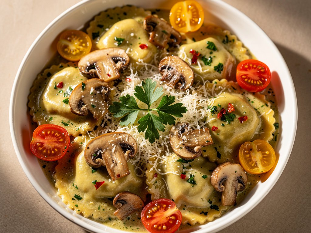 Ultra Creamy Mushroom Ravioli with Parmesan and Tomatoes