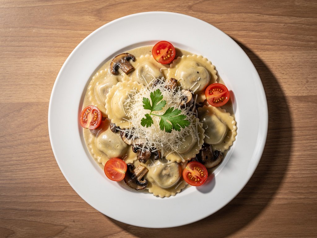 Ultra Creamy Mushroom Ravioli with Parmesan and Tomatoes