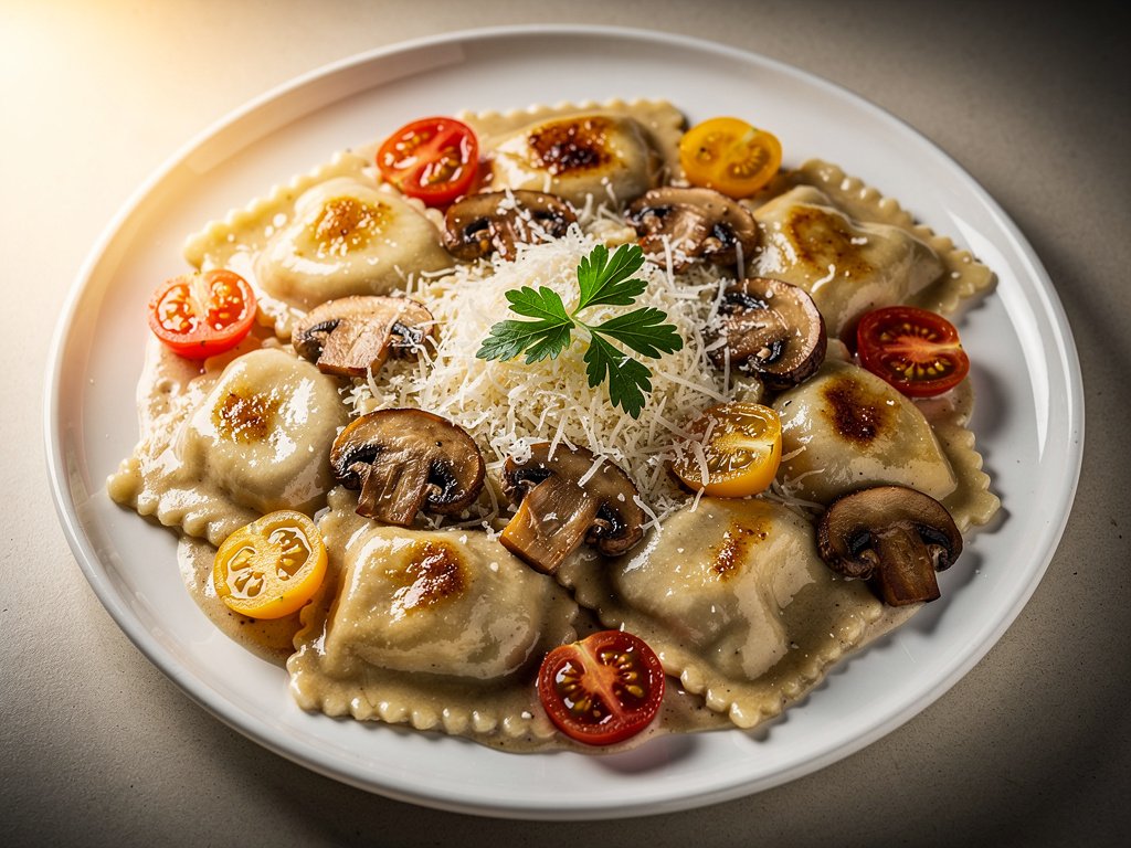 Creamy Mushroom Ravioli with Heirloom Tomatoes and Parmesan