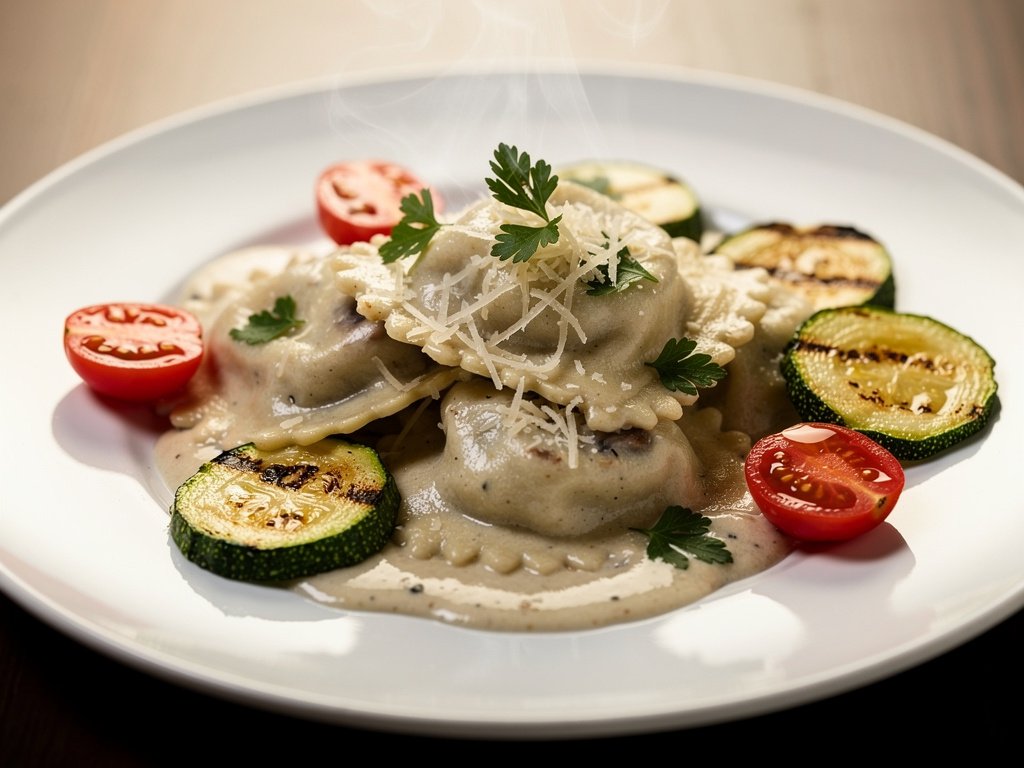 Creamy Mushroom Ravioli with Zucchini and Tomatoes