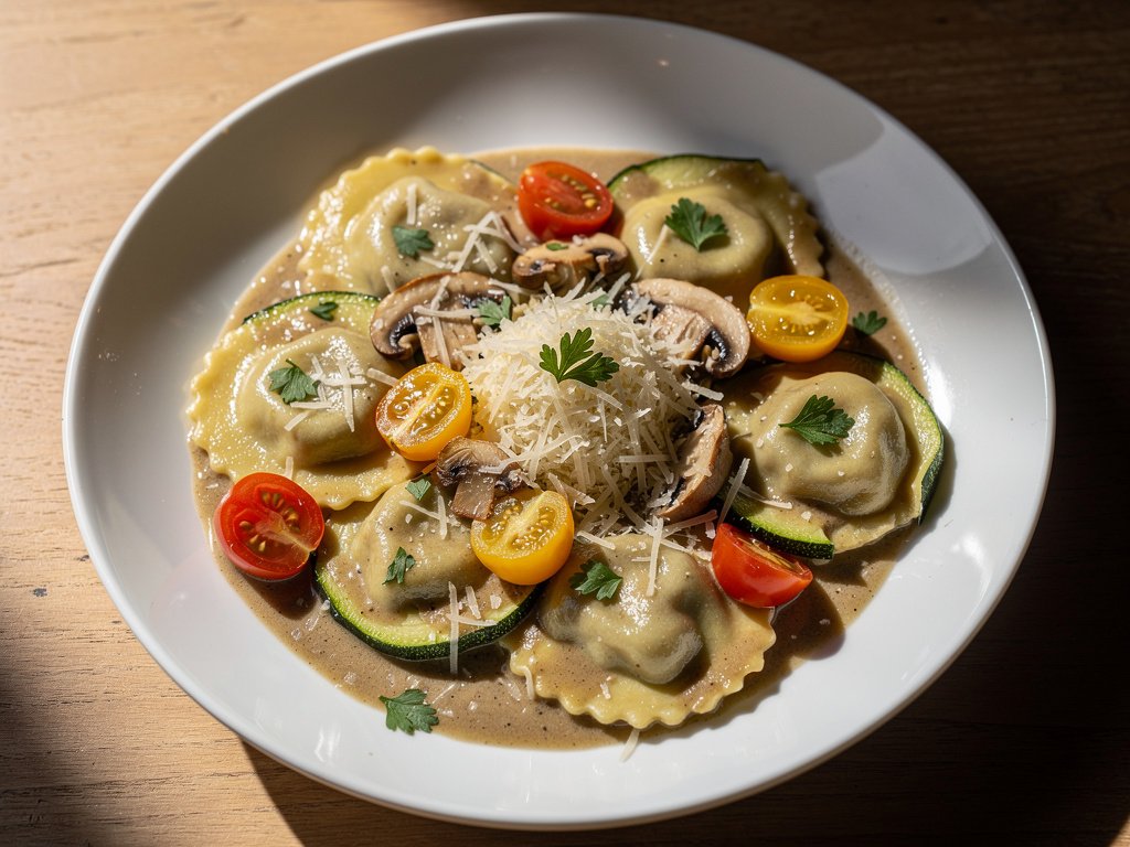 Creamy Mushroom Ravioli with Zucchini and Heirloom Tomatoes