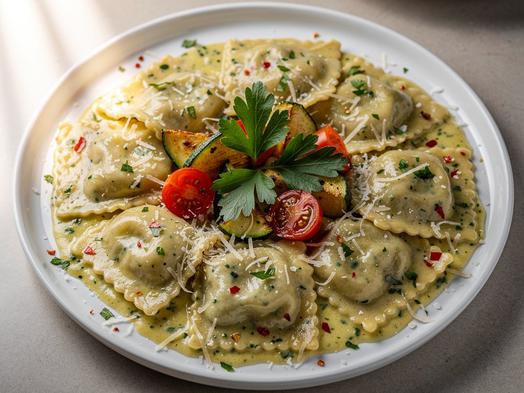 Creamy Mushroom Ravioli with Zucchini and Tomatoes