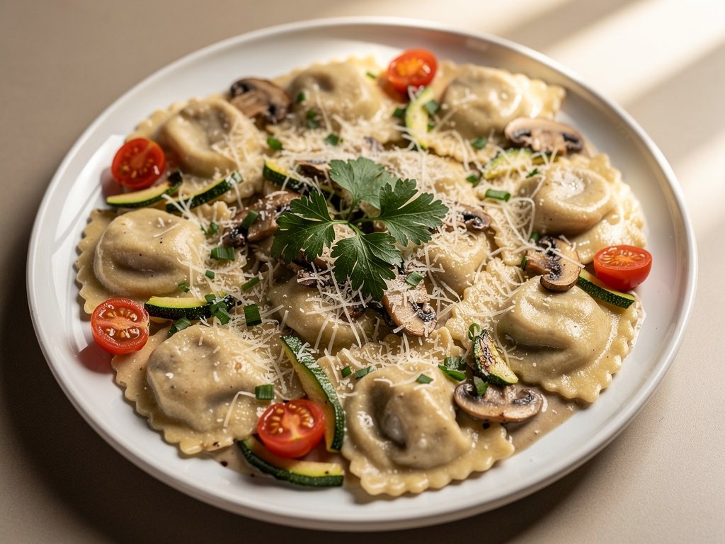 Creamy Mushroom Ravioli with Zucchini and Tomatoes
