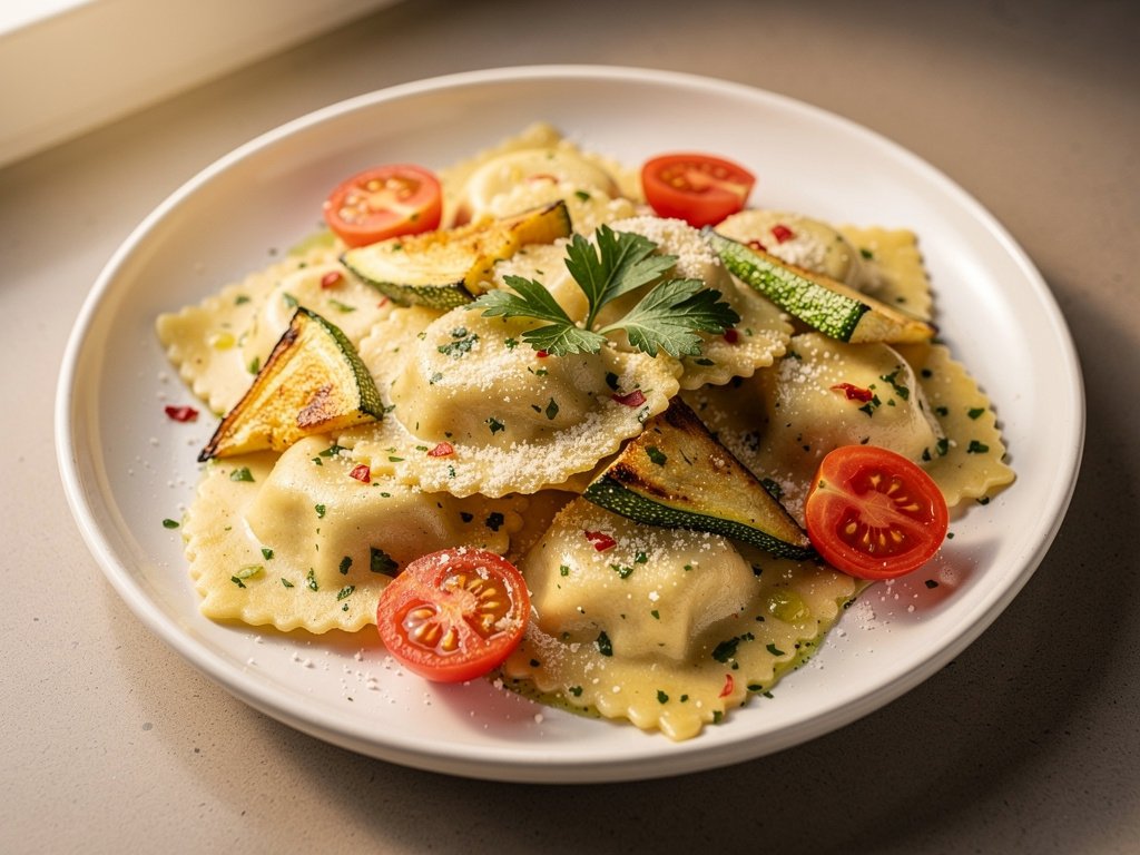 Creamy Mushroom Ravioli with Zucchini and Heirloom Grape Tomatoes