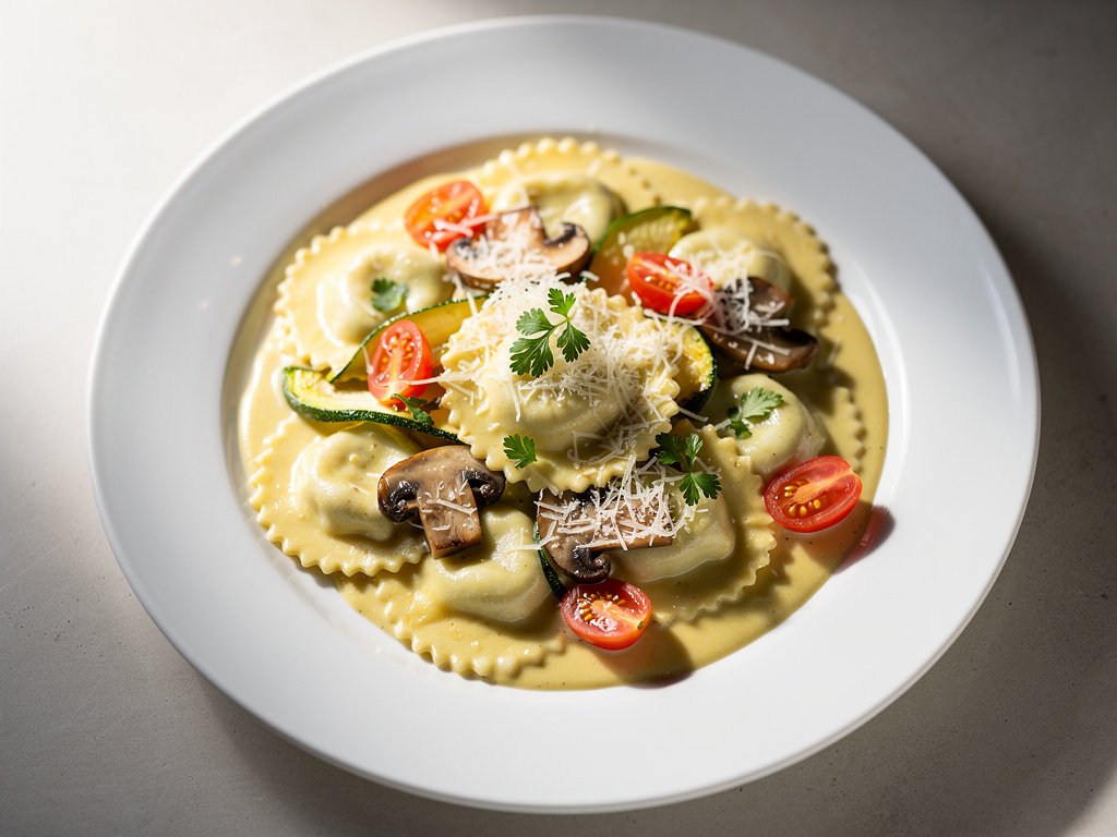 Creamy Mushroom Ravioli with Zucchini and Tomatoes