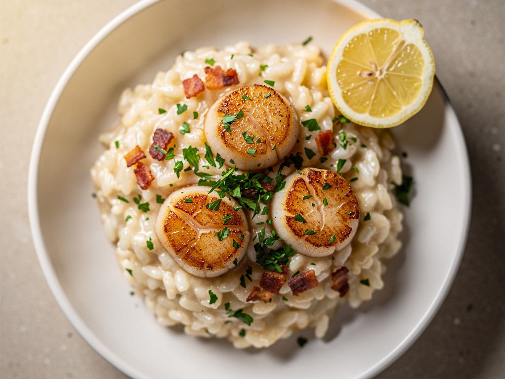 Creamy Mushroom Risotto with Seared Scallops and Crispy Bacon