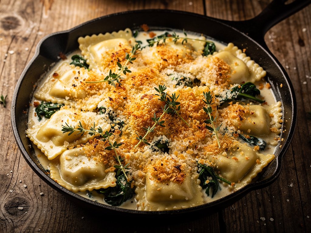 Creamy One-Pot Ravioli with Spinach and Parmesan Breadcrumbs