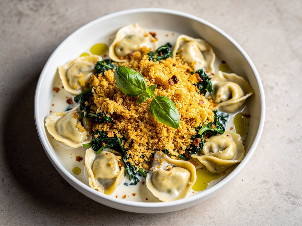 Creamy One-Pot Tortellini with Kale and Crispy Parmesan Breadcrumbs