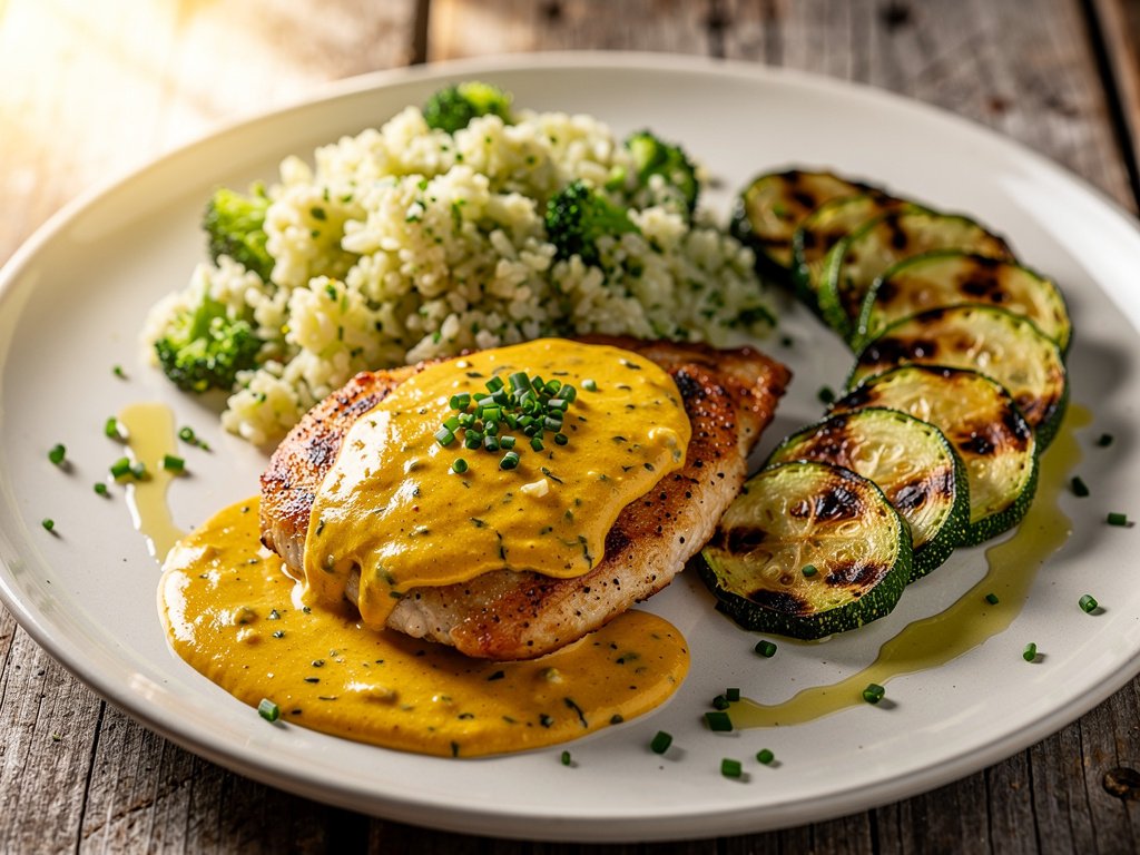 Creamy Onion Chicken with Broccoli Rice and Roasted Zucchini