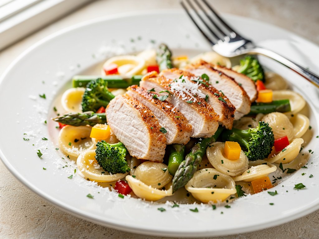 Creamy Orecchiette with Spring Vegetables and Pan-Seared Chicken
