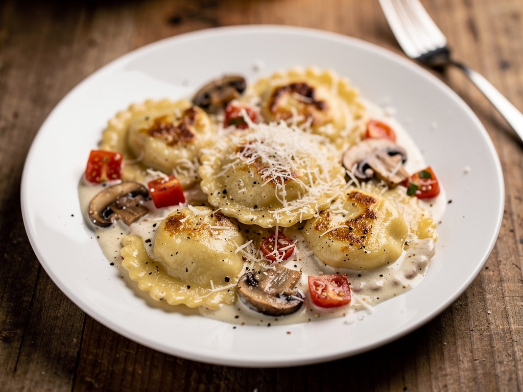 Creamy Parmesan Chicken and Bacon Ravioli with Mushrooms and Tomato