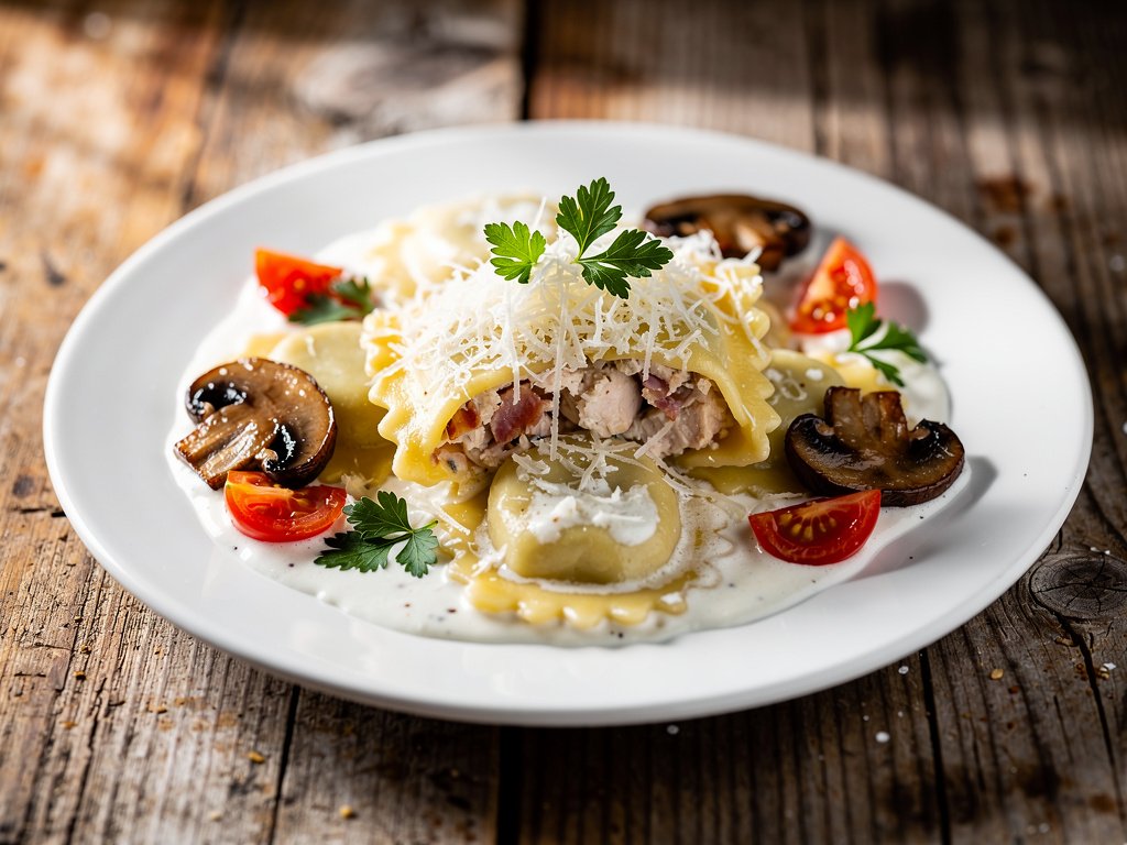 Creamy Parmesan Chicken and Bacon Ravioli with Mushrooms and Tomato