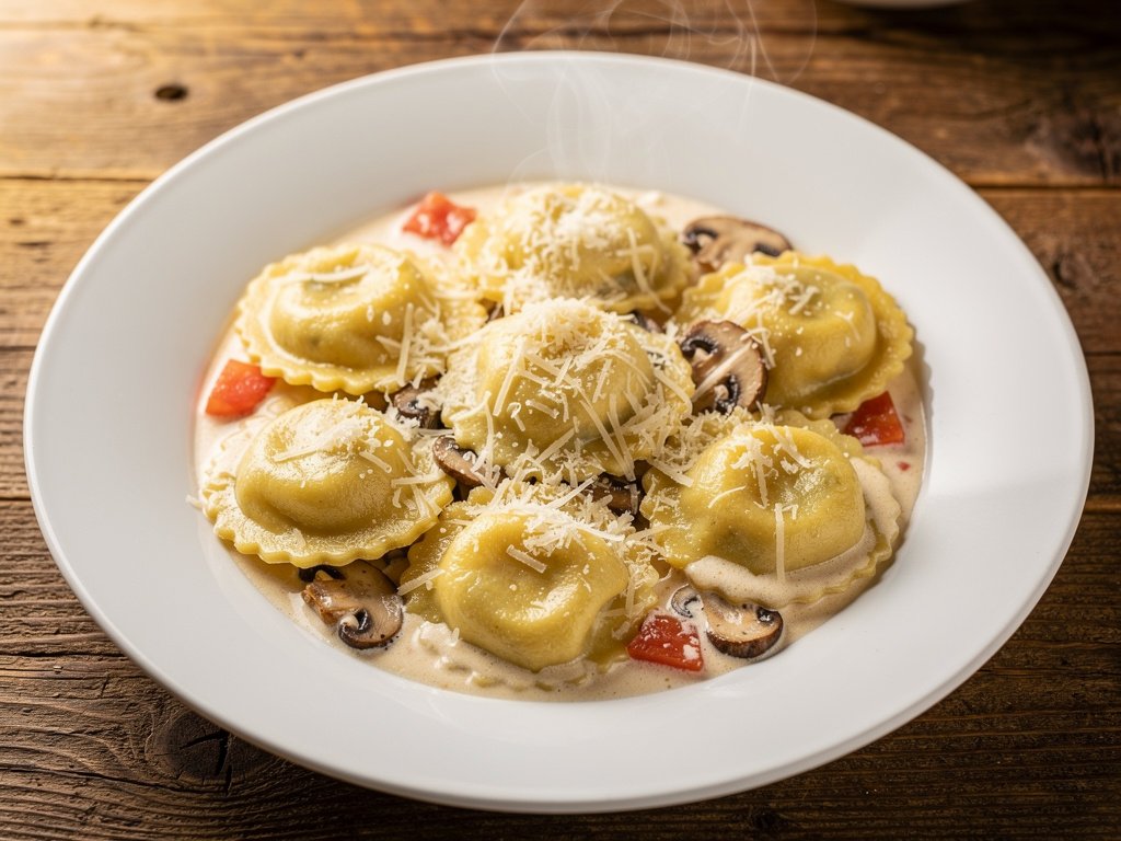 Creamy Parmesan Ravioli with Chicken, Bacon, and Mushrooms