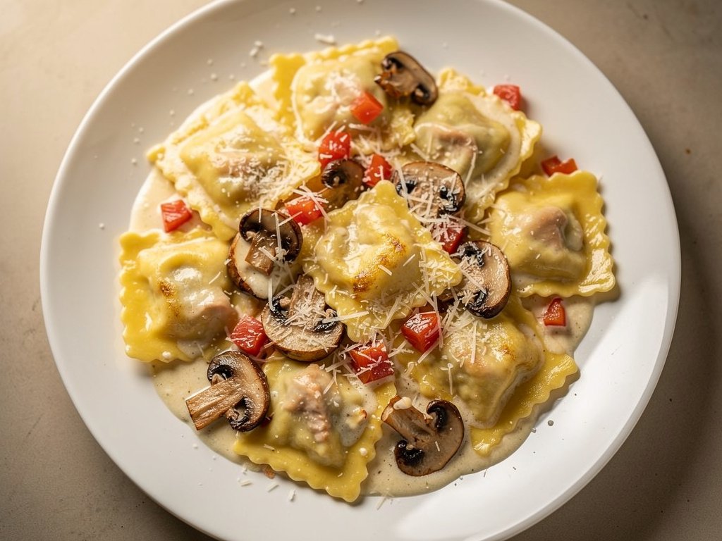 Creamy Parmesan Ravioli with Chicken, Bacon, and Mushrooms