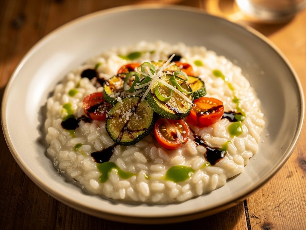Creamy Parmesan Risotto with Balsamic Zucchini and Tomatoes and Basil Oil Drizzle