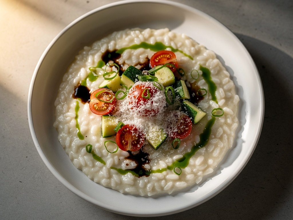 Creamy Parmesan Risotto with Balsamic Glazed Zucchini and Tomatoes