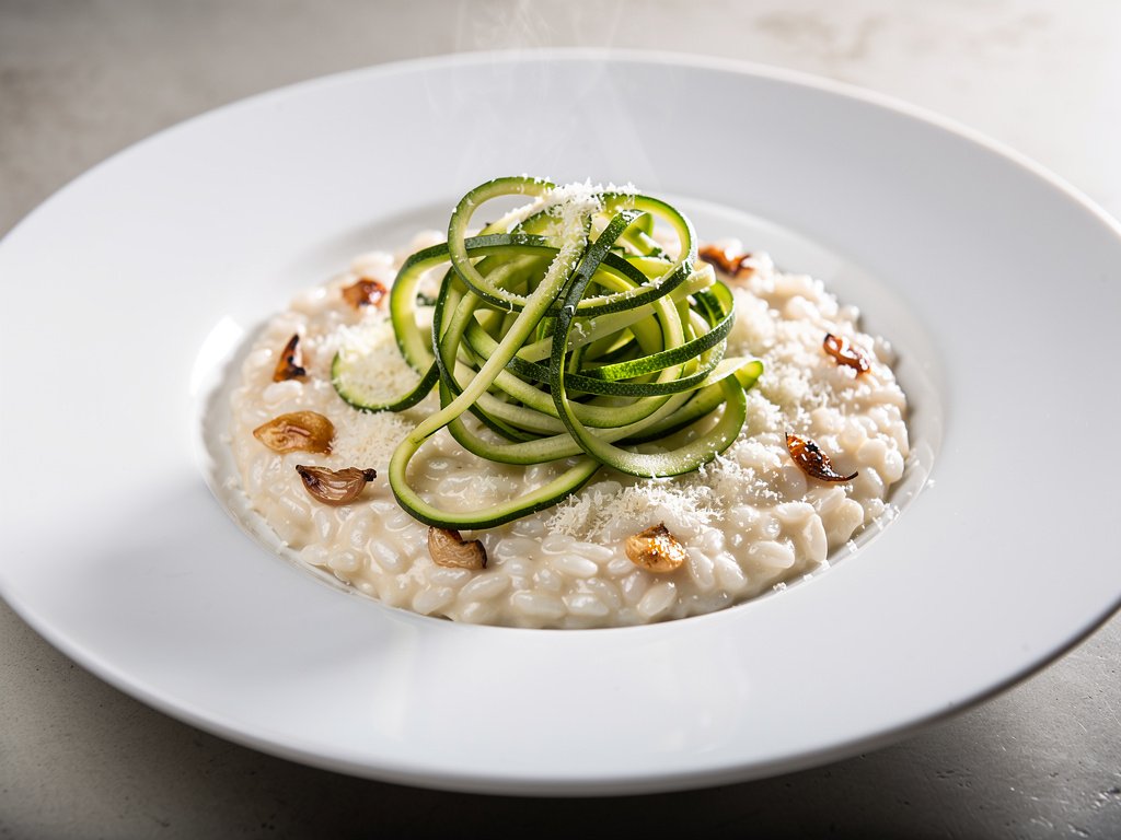 Creamy Parmesan Risotto with Caramelized Shallots and Lemon Zucchini Ribbons