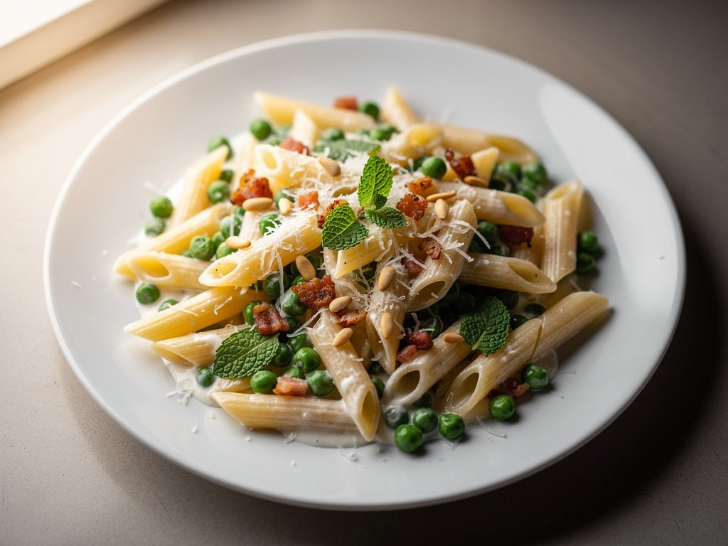 Creamy Penne with Pancetta, Peas, and Mint