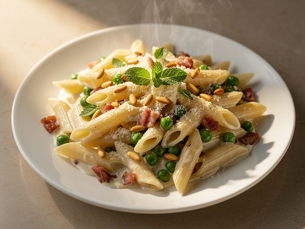 Creamy Penne with Pancetta, Pine Nuts, and Mint