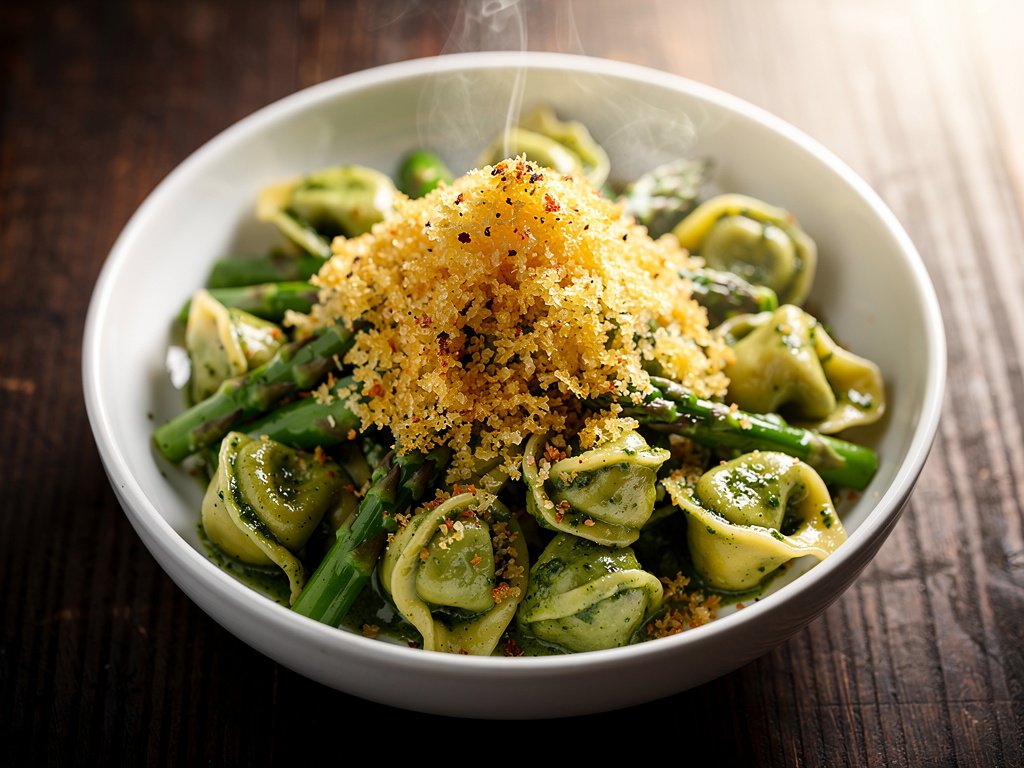 Creamy Pesto Tortellini with Asparagus and Parmesan Crumb