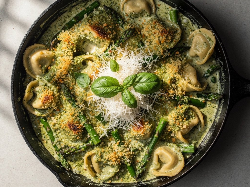Creamy Pesto Tortelloni Bake with Asparagus and Crispy Panko Crust