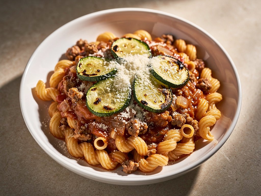 Creamy Pork Sausage Cavatappi with Roasted Zucchini and Parmesan