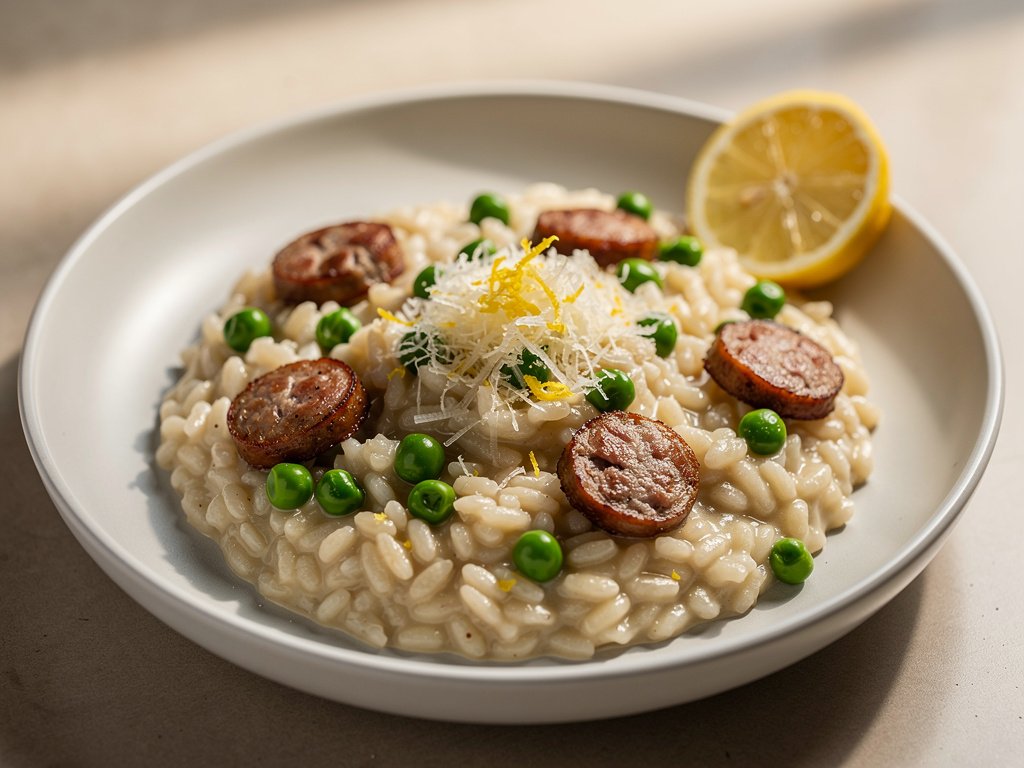 Creamy Pork Sausage and Pea Risotto with Lemon and Parmesan