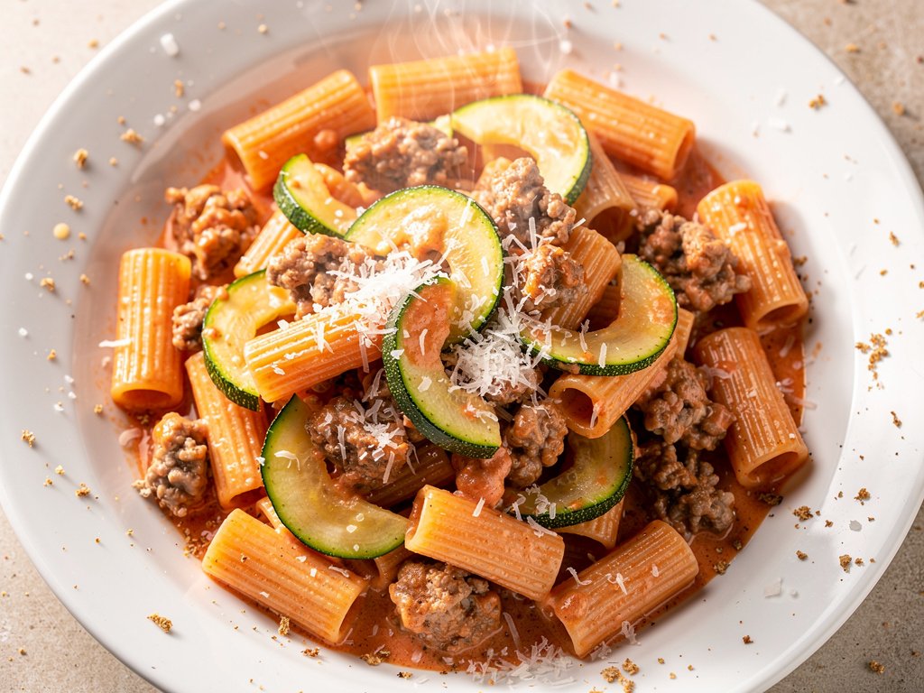 Creamy Pork Sausage Rigatoni Rosa with Zucchini and Parmesan