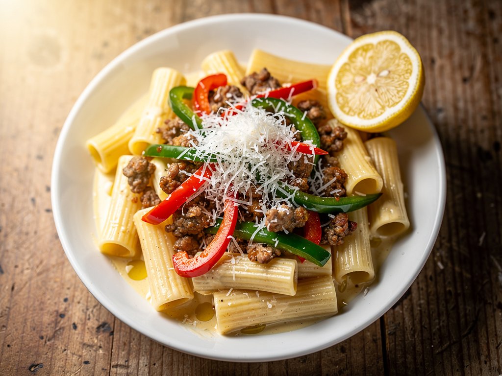 Creamy Pork Sausage Rigatoni with Bell Pepper and Lemon
